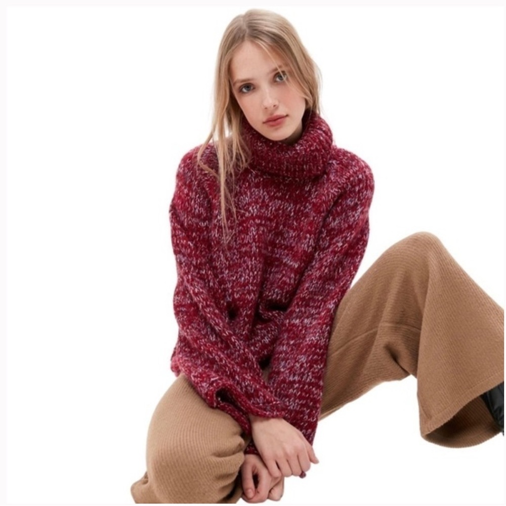 Urban Outfitters Chunky Red Knit Turtleneck Sweater with Flared Sleeves